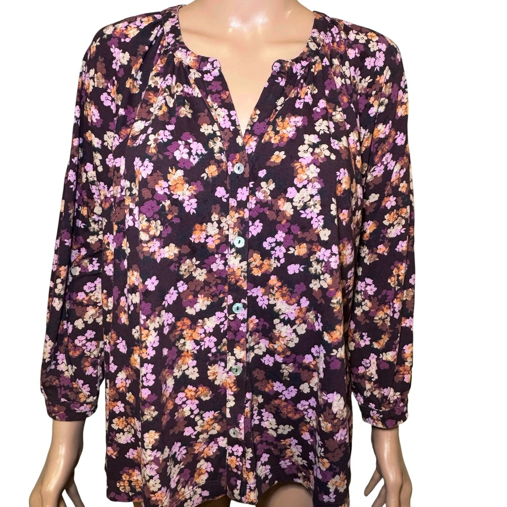 J.Jill Floral Button Up Top XL Petite 3/4 Sleeve‎ Plum Purple Blouse